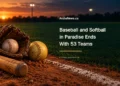 Conceptual editorial illustration of a baseball glove, baseball, softball and wooden bat beside an empty generic ballfield at dusk, with the 53-team tournament headline and ArubaNews.ca branding.