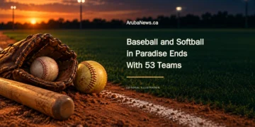 Conceptual editorial illustration of a baseball glove, baseball, softball and wooden bat beside an empty generic ballfield at dusk, with the 53-team tournament headline and ArubaNews.ca branding.