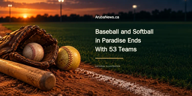 Conceptual editorial illustration of a baseball glove, baseball, softball and wooden bat beside an empty generic ballfield at dusk, with the 53-team tournament headline and ArubaNews.ca branding.