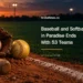 Conceptual editorial illustration of a baseball glove, baseball, softball and wooden bat beside an empty generic ballfield at dusk, with the 53-team tournament headline and ArubaNews.ca branding.