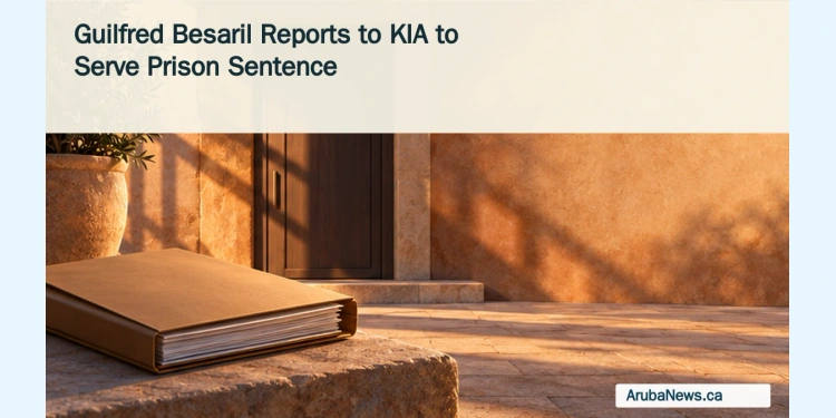 Guilfred Besaril Reports to KIA to Serve Prison Sentence Conceptual editorial illustration of a closed legal folder beside an anonymous doorway; not a photograph of Guilfred Besaril or KIA.