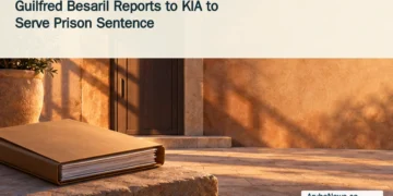 Conceptual editorial illustration of a closed legal folder beside an anonymous doorway; not a photograph of Guilfred Besaril or KIA.