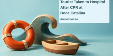 Tourist Taken to Hospital After CPR at Boca Catalina Conceptual editorial illustration of an orange life ring, wooden wave sculpture and small boat model, with the article headline and ArubaNews.ca branding; not the actual emergency.