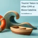 Conceptual editorial illustration of an orange life ring, wooden wave sculpture and small boat model, with the article headline and ArubaNews.ca branding; not the actual emergency.