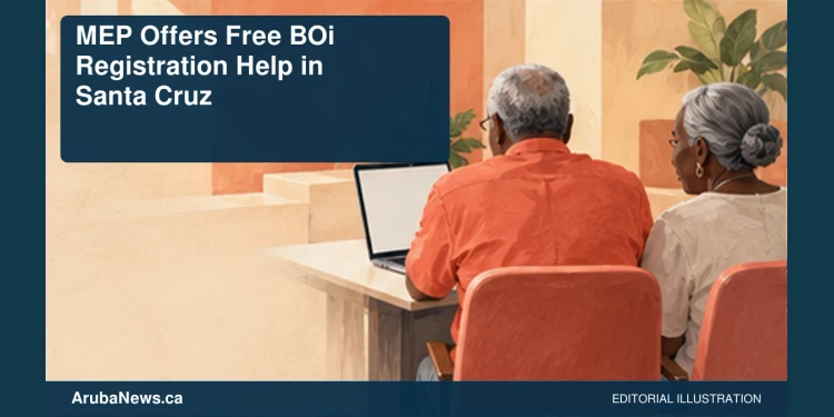 Conceptual editorial illustration: Gentle hand-drawn conceptual scene of two anonymous adults viewed from behind at a community help desk with blank laptop, warm coral and ivory; no tax data or political branding