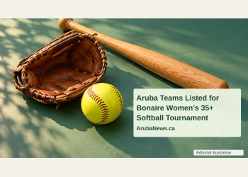 Conceptual editorial illustration of a yellow softball, plain wooden bat and empty glove on a green tabletop, with the article headline and ArubaNews.ca branding.