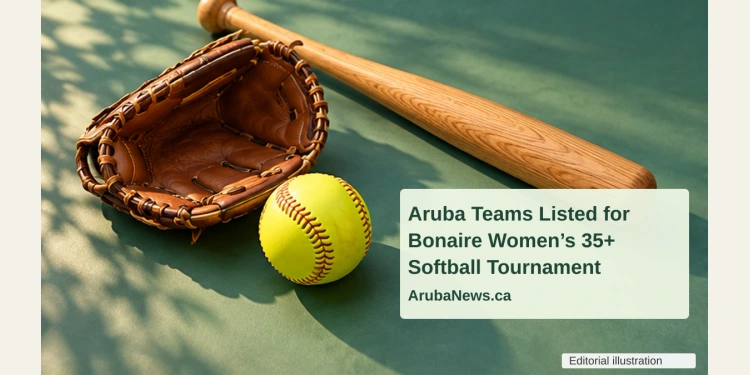 Conceptual editorial illustration of a yellow softball, plain wooden bat and empty glove on a green tabletop, with the article headline and ArubaNews.ca branding.