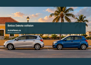 Conceptual editorial illustration; two generic parked compact cars with safe visible separation on a Caribbean urban roadside, distant palm, eye-level wide composition, late-afternoon amber light, neutral gray-blue colors. Not a reconstruction of an accident. Not a documentary image of the reported event.