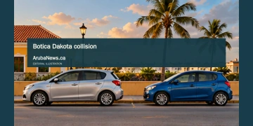 Driver Hospitalized After Rear-End Collision Near Botica Dakota Conceptual editorial illustration; two generic parked compact cars with safe visible separation on a Caribbean urban roadside, distant palm, eye-level wide composition, late-afternoon amber light, neutral gray-blue colors. Not a reconstruction of an accident. Not a documentary image of the reported event.