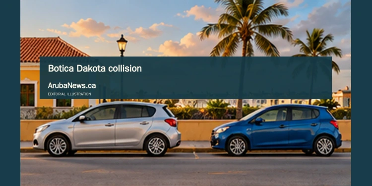 Driver Hospitalized After Rear-End Collision Near Botica Dakota Conceptual editorial illustration; two generic parked compact cars with safe visible separation on a Caribbean urban roadside, distant palm, eye-level wide composition, late-afternoon amber light, neutral gray-blue colors. Not a reconstruction of an accident. Not a documentary image of the reported event.