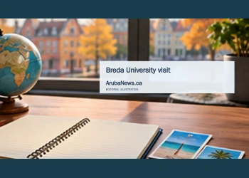 Conceptual editorial illustration; a blank notebook, small globe, and two unmarked travel cards on a contemporary university study desk, broad window, cool Dutch autumn daylight with warm Caribbean accent colors, intimate low angle. Not a documentary image of the reported event.