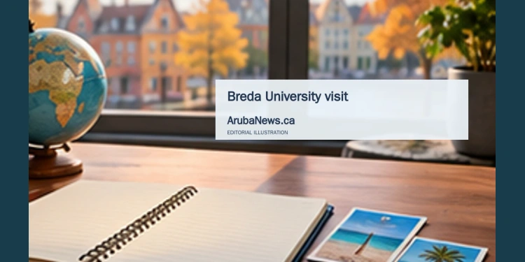 Conceptual editorial illustration; a blank notebook, small globe, and two unmarked travel cards on a contemporary university study desk, broad window, cool Dutch autumn daylight with warm Caribbean accent colors, intimate low angle. Not a documentary image of the reported event.