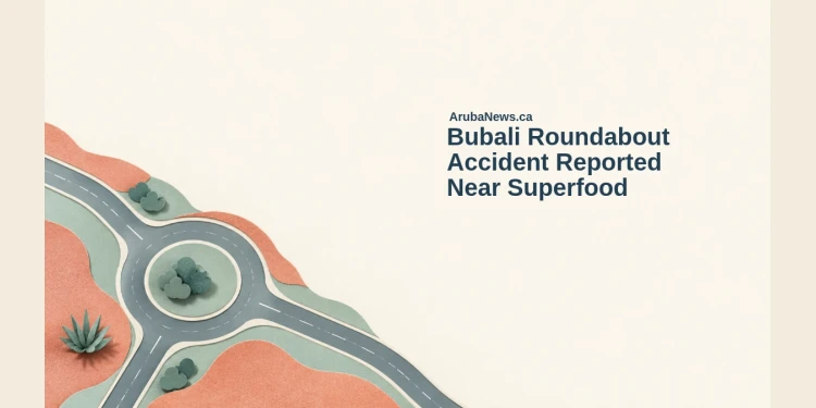 Bubali Roundabout Accident Reported Near Superfood Conceptual paper-cut editorial illustration of a generic circular road ring with coral and teal planes, with the Bubali roundabout headline and ArubaNews.ca branding; not the actual roundabout or accident.
