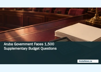 Conceptual editorial illustration of a calculator and stack of blank budget papers on a parliamentary-style wooden desk.