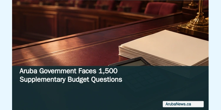 Conceptual editorial illustration of a calculator and stack of blank budget papers on a parliamentary-style wooden desk.