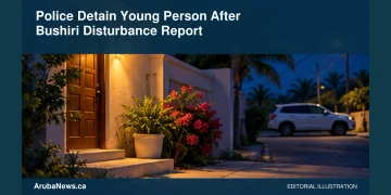 Conceptual editorial illustration of quiet generic residential doorway at night with a distant unmarked patrol vehicle, soft blue and warm porch light, no people, visible distress, uniforms, insignia or writing. Not a photograph of the actual incident or location.