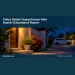 Conceptual editorial illustration of quiet generic residential doorway at night with a distant unmarked patrol vehicle, soft blue and warm porch light, no people, visible distress, uniforms, insignia or writing. Not a photograph of the actual incident or location.