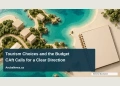 CAft Urges Aruba to Link Tourism Choices to Budget Priorities Conceptual editorial illustration of a conceptual aerial coastline model with a few simple unbranded building blocks beside a blank budget notebook, sea-green and cream palette, no exact island map, text or real development plan; not a documentary photograph of the people, venue or event.