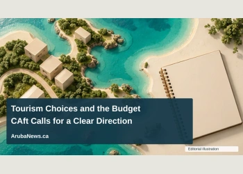 Conceptual editorial illustration of a conceptual aerial coastline model with a few simple unbranded building blocks beside a blank budget notebook, sea-green and cream palette, no exact island map, text or real development plan; not a documentary photograph of the people, venue or event.