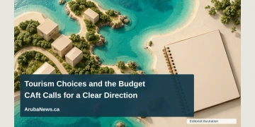 CAft Urges Aruba to Link Tourism Choices to Budget Priorities Conceptual editorial illustration of a conceptual aerial coastline model with a few simple unbranded building blocks beside a blank budget notebook, sea-green and cream palette, no exact island map, text or real development plan; not a documentary photograph of the people, venue or event.