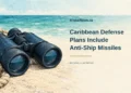 Conceptual stippled editorial illustration of unmarked maritime binoculars and rope by an abstract sea, with the Caribbean defense headline; not actual military equipment or a deployment.