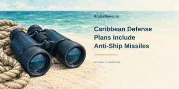 Conceptual stippled editorial illustration of unmarked maritime binoculars and rope by an abstract sea, with the Caribbean defense headline; not actual military equipment or a deployment.