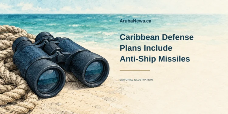 Conceptual stippled editorial illustration of unmarked maritime binoculars and rope by an abstract sea, with the Caribbean defense headline; not actual military equipment or a deployment.