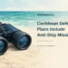 Caribbean Defense Plans Include Anti-Ship Missiles Conceptual stippled editorial illustration of unmarked maritime binoculars and rope by an abstract sea, with the Caribbean defense headline; not actual military equipment or a deployment.