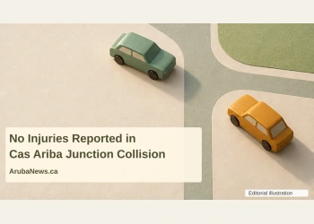 Conceptual editorial illustration of two separated unbranded car models beside a simplified junction, with the article headline and ArubaNews.ca branding; not the Cas Ariba scene.