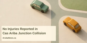 No Injuries Reported in Cas Ariba Junction Collision Conceptual editorial illustration of two separated unbranded car models beside a simplified junction, with the article headline and ArubaNews.ca branding; not the Cas Ariba scene.