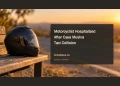 Conceptual editorial illustration of a motorcycle helmet beside a road; not a photograph of the Caya Musica collision.