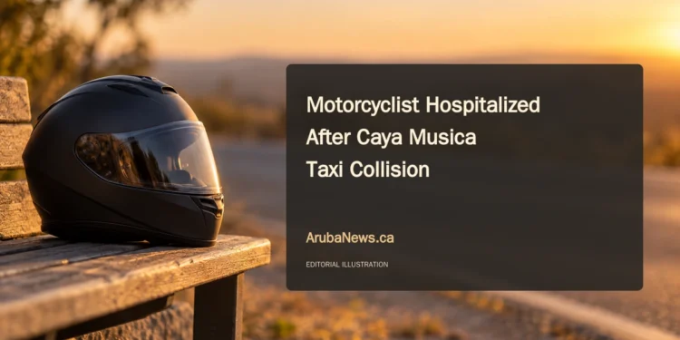 Conceptual editorial illustration of a motorcycle helmet beside a road; not a photograph of the Caya Musica collision.
