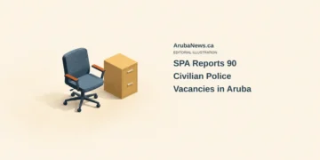 Conceptual editorial illustration of an empty generic office chair beside a plain filing cabinet; not an actual police office, vacancy chart or documentary evidence.