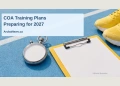Conceptual editorial illustration of running shoes, a blank clipboard and stopwatch; not a photograph of COA’s workshop or a selected athlete.