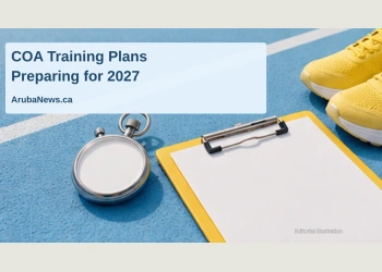 Conceptual editorial illustration of running shoes, a blank clipboard and stopwatch; not a photograph of COA’s workshop or a selected athlete.