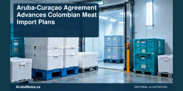 Aruba-Curaçao Agreement Advances Colombian Meat Import Plans Conceptual editorial illustration: Plain insulated shipping containers and unmarked sealed food crates in a generic clean cold-storage loading area, cool white and turquoise palette, geometric wide composition. Not a photograph of the actual people, event or location.