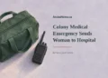 Conceptual gouache editorial illustration of a closed green response bag and blank-display radio with the Colony medical emergency headline; not the woman, incident or actual equipment.