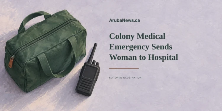 Colony Medical Emergency Sends Woman to Hospital Conceptual gouache editorial illustration of a closed green response bag and blank-display radio with the Colony medical emergency headline; not the woman, incident or actual equipment.
