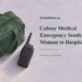 Colony Medical Emergency Sends Woman to Hospital Conceptual gouache editorial illustration of a closed green response bag and blank-display radio with the Colony medical emergency headline; not the woman, incident or actual equipment.