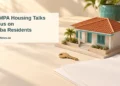 Conceptual editorial illustration of a miniature Caribbean home, brass key and blank planning sheets, with the COMPA housing headline and ArubaNews.ca branding.