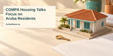 Conceptual editorial illustration of a miniature Caribbean home, brass key and blank planning sheets, with the COMPA housing headline and ArubaNews.ca branding.