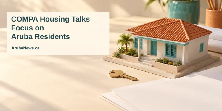 COMPA Housing Talks Focus on Aruba Residents Conceptual editorial illustration of a miniature Caribbean home, brass key and blank planning sheets, with the COMPA housing headline and ArubaNews.ca branding.