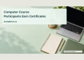 Foundation Awards Certificates for Introductory Computer Course Conceptual editorial illustration of a plain laptop with a blank unlit screen, notebook and certificate folder on a bright community-learning desk; not a documentary photograph of the people, venue or event.