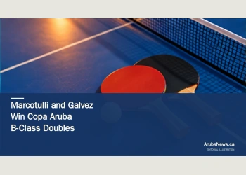 Conceptual editorial illustration of two table-tennis paddles, a ball and net; not a photograph of the Copa Aruba doubles winners.