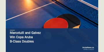 Conceptual editorial illustration of two table-tennis paddles, a ball and net; not a photograph of the Copa Aruba doubles winners.
