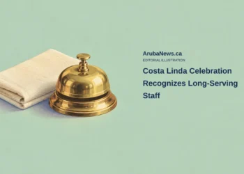 Conceptual chromolithographic illustration of a generic brass service bell and folded ivory linen on celadon; not Costa Linda’s actual staff, belongings, celebration or an award.