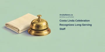 Conceptual chromolithographic illustration of a generic brass service bell and folded ivory linen on celadon; not Costa Linda’s actual staff, belongings, celebration or an award.