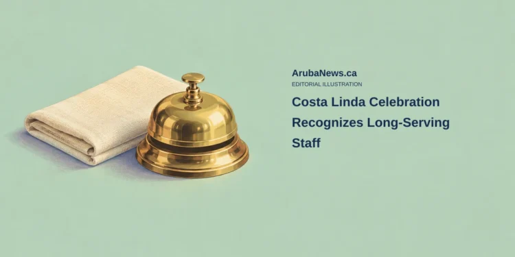 Conceptual chromolithographic illustration of a generic brass service bell and folded ivory linen on celadon; not Costa Linda’s actual staff, belongings, celebration or an award.