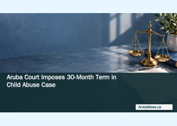Editorial illustration of brass justice scales and a closed file on a blue desk; headline and ArubaNews.ca branding. No real courtroom or people depicted.