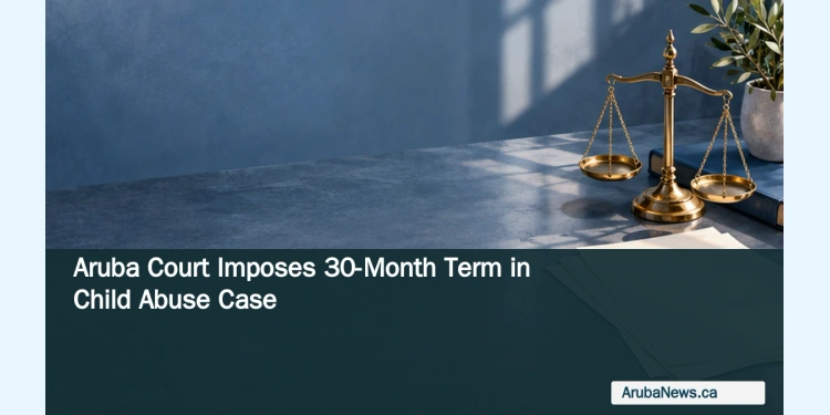 Editorial illustration of brass justice scales and a closed file on a blue desk; headline and ArubaNews.ca branding. No real courtroom or people depicted.